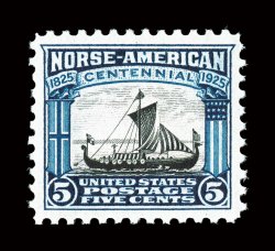 621, 5c Norse-American, marvelously well centered and margined, strong rich colors on fresh paper, o.g., n.h., extremely fine 2008 PSE certificate (Superb 98 SMQ
$530.00).