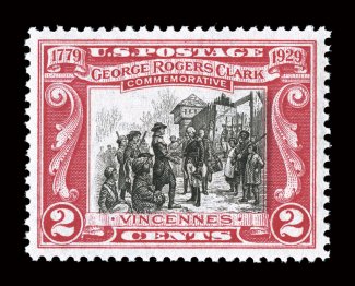 651, 2c George Rogers Clark, remarkably well centered within large margins, strong rich colors, unblemished o.g., n.h., extremely fine and choice 2008 PSE certificate (Superb
98 SMQ $220.00).