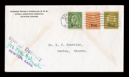 658, 664, 666, 1c, 6c and 8c Kans. ovpts., all tied to single combination Cressler cover by Newton, Kans.Apr 151929 duplex handstamp, this is the earliest known usage of any
of the the Kans. overprints, predating the official first d