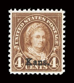 662, 4c Kans. ovpt., excellent centering, especially deep color and impression, o.g., n.h., extremely fine 2008 PSE certificate (XF-Superb 95 SMQ $450.00).