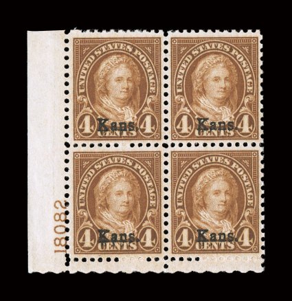 662, 4c Kans. ovpt., a highly desirable bottom left margin plate no. 18082 block of four, uncharacteristically well centered and margined, deep intense color as well, o.g.,
n.h., extremely fine 2008 PSE certificate.