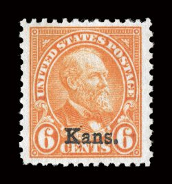 664, 6c Kans. ovpt., extraordinarily large margins for any Kans.-Nebr. overprint, uncommonly well centered, attractive color, o.g., n.h., extremely fine 2004 APS certificate
and a 2008 PSE certificate (XF 90 Jumbo SMQ $165.00 for 90 and $670