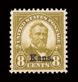 666, 8c Kans. ovpt., remarkably well centered and margined, deep rich color and an especially intense impression, pristine o.g., n.h., an extremely fine gem 2005 PSE
certificate (XF-Superb 95 SMQ $1,050.00).