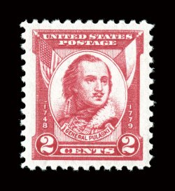 690, 2c Pulaski, a perfect mint single, possessing absolutely flawless centering amid uncharacteristically large margins, gorgeous radiant color and a prooflike impression on
fresh paper, pristine o.g., n.h., superb 2008 PSE certificate (Gem