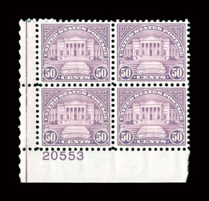 701, 50c Lilac, select quality bottom left corner plate no. 20553 block of four, exceptionally well centered, deep rich color on bright paper, pristine o.g., n.h., extremely
fine.