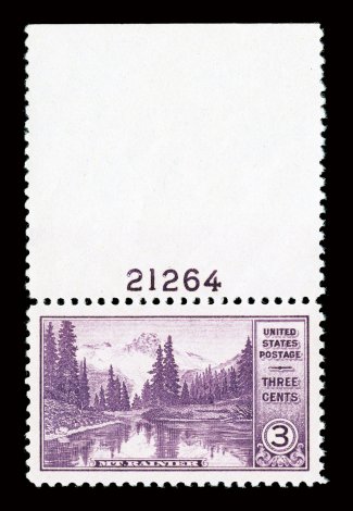 742, 3c Mount Rainier, top margin plate no. 21264 single, with extra wide selvage, flawlessly centered within extraordinarily large margins all around, brilliantly fresh,
o.g., n.h., an extremely fine gem 2008 PSE certificate (Superb 98 Jumbo