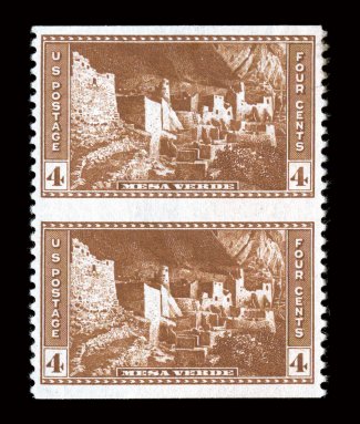 743a, 4c Brown National Parks, vertical pair, imperforate horizontally, vertical pair, remarkably well centered, as most are quite poorly centered, strong color, o.g., with a
Post Office paste-up on back, a most unusual occurrence, extremely