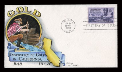 954, 3c California Gold Centennial, tied to unaddressed first day cover with multicolored Dorothy Knapp handpainted cachet showing prospector and map of California, in
excellent condition, very fine Knapp FDCs are highly desirable as being