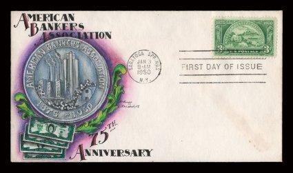 987, 3c American Bankers Association, tied to unaddressed first day cover with multicolored handpainted Dorothy Knapp cachet, light envelope adhesive foxing on back, otherwise
very fine.
