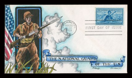 1017, 3c National Guard, tied to unaddressed first day cover with multicolored handpainted Dorothy Knapp cachet showing soldier & American flag, very fine.