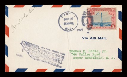 Amelia Earhart signed at top left of Sept. 15, 1929 New York-Atlanta flight, with 5c Red and blue (C11) tied by Camden, N.J. pmk., vertical file fold throught pmk. but not
affecting the important signature, very fine.