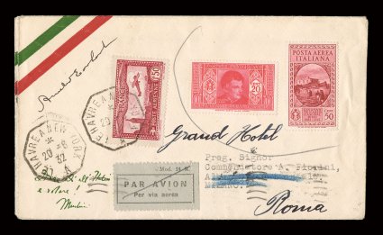 Amelia Earhart signed at top left of 20-6-1932 Le Havre-New York flight cover, with France 1.50Fr Air post tied by octagonal pmk., addressed to Rome (backstamped), two
uncancelled Italian air post stamps at top right, green handstamp at bottom le