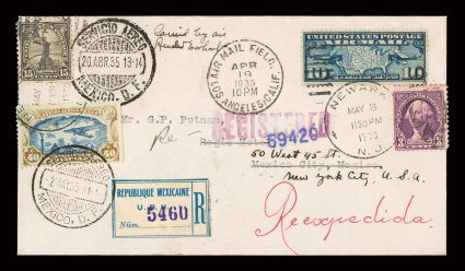 Carried by airAmelia Earhart, signed at top of cover flown on the Los Angeles-New York leg of her famous Mexico City to New York solo flight, for which the Mexican government
issued the rare coinciding stamp, with appropriate U.S. and Mexican st