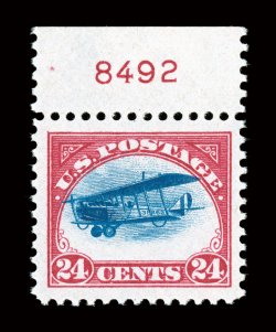 C3, 24c Carmine rose and blue, an eye-arresting full top sheet-margin plate no. 8492 single, boasting the most enormous margins we have ever encountered of this stamp, plus it
is incredibly well centered within these oversized borders, its color