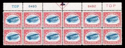 C3, 24c Carmine rose and blue, top margin arrow, two TOP and plate nos. 84938492 block of twelve, brilliant fresh colors, nicely centered overall, o.g., never hinged, with gum
skips that affect only the top right and top left stamps, very fin