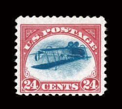 C3a, 24c Carmine rose and blue, Center Inverted, position 22, attractively centered, deep rich colors, full o.g., relatively lightly hinged, small natural paper spot visible
only on reverse, fine-very fine. The 1918 Twenty Four Cent Inverted J