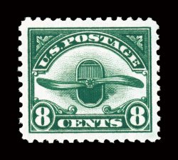 C4, 8c Dark green, an impressive jumbo-margined mint example, boasting margins of exceptional size and being incredibly well centered within them, even its color is out of the
ordinary, being particularly deep and intense, o.g., n.h., an extreme