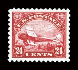 C6, 24c Carmine, a gem mint example, possessing not only virtually perfect centering amid very large margins, but its color is also exceptional, being incredibly deep and
intense, immaculate o.g., n.h., extremely fine an especially handsome sta