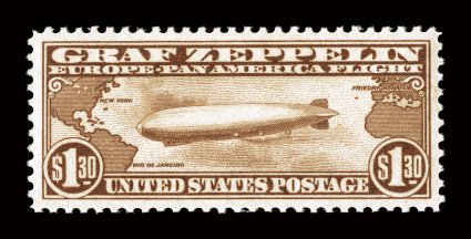 C14, $1.30 Graf Zeppelin, exceptionally well centered and margined, rich fresh color, o.g., very lightly hinged, extremely fine 2006 PSE certificate (XF-Superb 95 SMQ
$650.00).