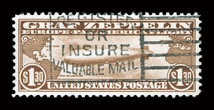 C14, $1.30 Graf Zeppelin, used, uncharacteristically well centered and margined, rich color, extremely fine 2008 PSE certificate (VF-XF 85 SMQ $475.00).