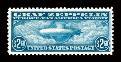 C15, $2.60 Graf Zeppelin, exceedingly well centered and margined, strong color, o.g., very lightly hinged, extremely fine and handsome 2007 PF certificate (XF 90 SMQ
$830.00).