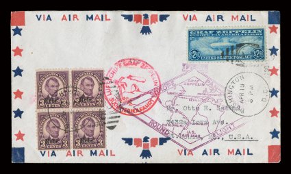 C15, $2.60 Graf Zeppelin, well centered and margined single tied to flown first day cover along with 3c Nebr overprinted block of four by Washington, D.C.Apr 191930 duplex
handstamp cancels, appropriate German and U.S. flight cachets,
