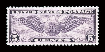 C16, 5c Winged Globe, excellent centering within extravagantly large margins which are seldom seen on this rotary press stamp, deep rich color, pristine o.g., n.h., an
extremely fine gem 2005 PSE certificate (XF-Superb 95 Jumbo SMQ $275.00 for