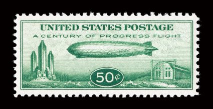 C18, 50c Graf Zeppelin, exceedingly well centered within large margins, rich color, pristine o.g., n.h., extremely fine 2005 PSE certificate (XF-Superb 95 SMQ
$200.00)