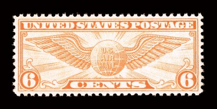 C19, 6c Winged Globe, virtually perfect centering which is almost impossible to find on this surprisingly difficult air post stamp, deep vibrant color, o.g., n.h., extremely
fine 2006 PSE certificate (XF-Superb 95 SMQ $275.00) one of only thr