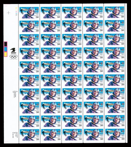 C128a 50c Quimby air post, imperforate horizontally full pane of 50 containing 25 pairs of the error, wide left margin selvage contains plate numbers, Olympic sponsor logo,
copyright notice & ZIP message, o.g., n.h., minor handling faults includ