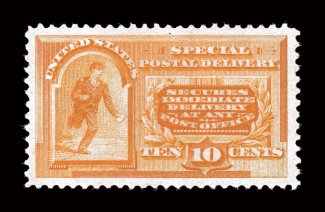 E3, 10c Orange, excellent centering within lavishly large margins, strong color, o.g., n.h., tiny natural inclusion at top, extremely fine 2007 PSE certificate (XF 90 SMQ
$1,700.00).