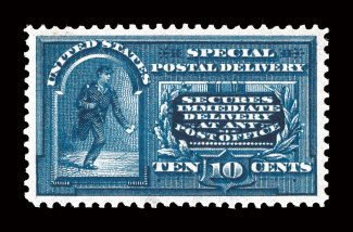 E5, 10c Blue, a most impressive mint single, featuring flawless centering amid large margins, plus its color is especially rich and luxurious, well incised impression on fresh
paper, o.g., lightly hinged, extremely fine a truly gem example of t