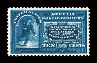 E5, 10c Blue, pristine post office fresh mint example, possessing a marvelous overall brilliance and crispness not often seen, with deep luxuriant color and a razor-sharp
impression on bright paper, wonderfully well centered, o.g., n.h., extre