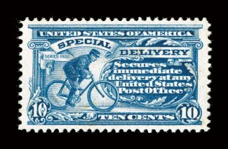 E6, 10c Ultramarine, a marvelously choice mint single, being impeccably well centered within wide margins, deep rich color and a sharp impression on fresh paper, unblemished
o.g., n.h., extremely fine gem this is one of the most difficult of th