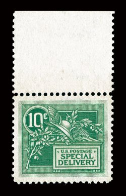 E7, 10c Green, a premium quality top sheet-margin mint single, possessing outstanding centering amid uncharacteristically large margins, brilliantly fresh and crisp, deep rich
color, o.g., n.h., extremely fine gem 2006 PSE certificate (XF-Super