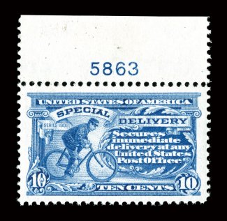 E8, 10c Ultramarine, an incredibly handsome and choice top sheet-margin plate no. 5863 single, featuring virtually perfect centering amid extravagantly large margins all
around, plus its color and impression are truly prooflike on the brightest