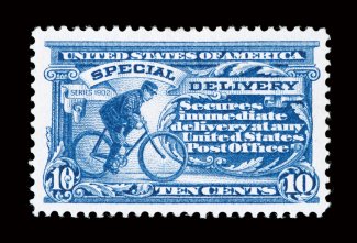 E8, 10c Ultramarine, exceptionally well centered within large margins, beautiful bright rich color and a highly detailed impression on pristine white paper, o.g., lightly
hinged, extremely fine 2006 PSE certificate (XF 90 SMQ $170.00).