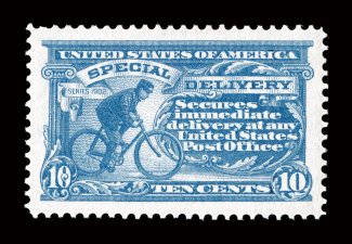 E8, 10c Ultramarine, an eye-catching jumbo-margined mint single, with enormous perfectly balanced margins all around, strong rich color, o.g., l.h., an extremely fine
gem.