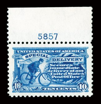 E9, 10c Ultramarine, top sheet-margin plate no. 5857, flawlessly centered within the most enormous jumbo margins imaginable, brilliantly fresh, with strikingly intense color
and a crisp prooflike impression on immaculate paper, o.g., n.h., extre