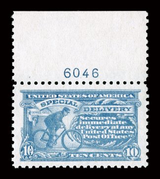 E10, 10c Pale ultramarine, a fabulous top sheet-margin plate no. 6046 example, being one of the finest quality never hinged examples of Scott E10 we have ever sold and
certainly among the finest extant, possessing essentially perfect center