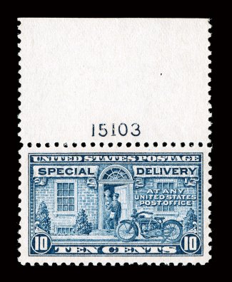E12a, 10c Deep ultramarine, an eye-arresting top sheet-margin plate no. 15103 single, boasting lavishly large and wonderfully well balanced margins all around, rich luxuriant
color and a crisp detailed impression, o.g., n.h., an extremely fine g