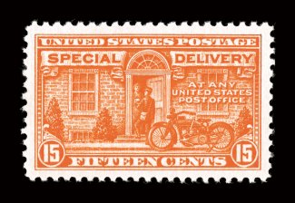 E13, 15c Deep orange, extraordinarily well centered and margined, gorgeous rich color on fresh crisp paper, o.g., n.h., extremely fine gem 2008 PSE certificate (Superb 98 SMQ
$590.00) only one stamp grades slightly higher (98J).