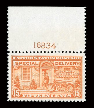 E13, 15c Deep orange, especially handsome top margin plate no. 16834 single, virtually perfectly centered within extraordinarily large margins, gorgeous bright color on
pristine white paper, immaculate o.g., n.h., extremely fine 2004 PSE certif