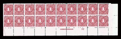 J31, 1c Deep claret, full bottom margin imprint and plate no. 57 block of 20, representing the bottom two rows, bright fresh color, o.g., n.h., couple natural minor gum
wrinkles, light red offset on back of plate block, light gum toning area in