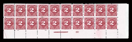 J32, 2c Deep claret, bottom margin imprint and plate no. 60 block of twenty, bright fresh color, o.g., n.h., couple minor natural gum wrinkles, skips and small margin tear
does not detract from this scarce large plate multiple, fine.