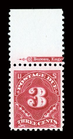 J54, 3c Carmine lake, top margin partial imprint single, deep vibrant color, o.g., never hinged, tiny natural inclusion speck on gum side only, very fine a scarce stamp in
never hinged condition.