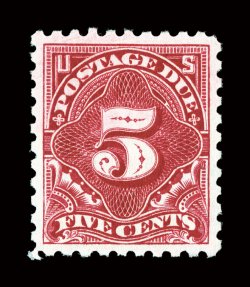 J55a, 5c Carmine rose, an especially choice mint example that is incredibly well centered amid large margins, radiant rich color in the carmine rose shade and an excellent
clarity of impression, immaculate o.g., n.h., an extremely fine gem phot
