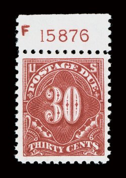 J66 var., 30c Rose red, an appealing top sheet-margin plate no. F 15876 single, exceptionally well centered within unusually large margins, bright fresh color in unlisted rose
red shade (catalog value and SMQ for regular carmine rose shade),