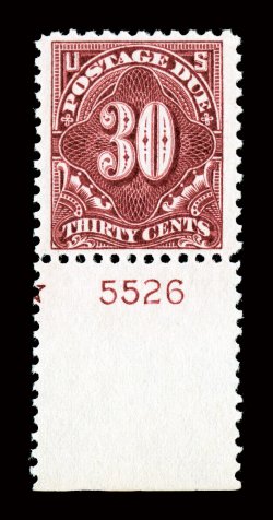 J66a, 30c Deep claret, wide bottom sheet-margin single with plate no. 5526 and partial star, rich color, o.g., n.h. choice very fine 1996 PF certificate for original plate
block and a 2005 PSE certificate (VF-XF 85, SMQ $340.00)