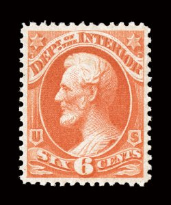 O18, 6c Interior, an exceedingly choice post office fresh mint single, wonderfully well centered amid large margins, strong rich color, o.g., never hinged, extremely fine a
most difficult stamp to find both never hinged and in this exceptiona